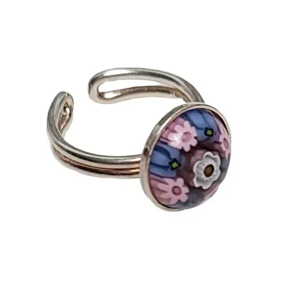 Sterling Silver Italy Millefiori Glass Cab Adjustable Ring Size 6